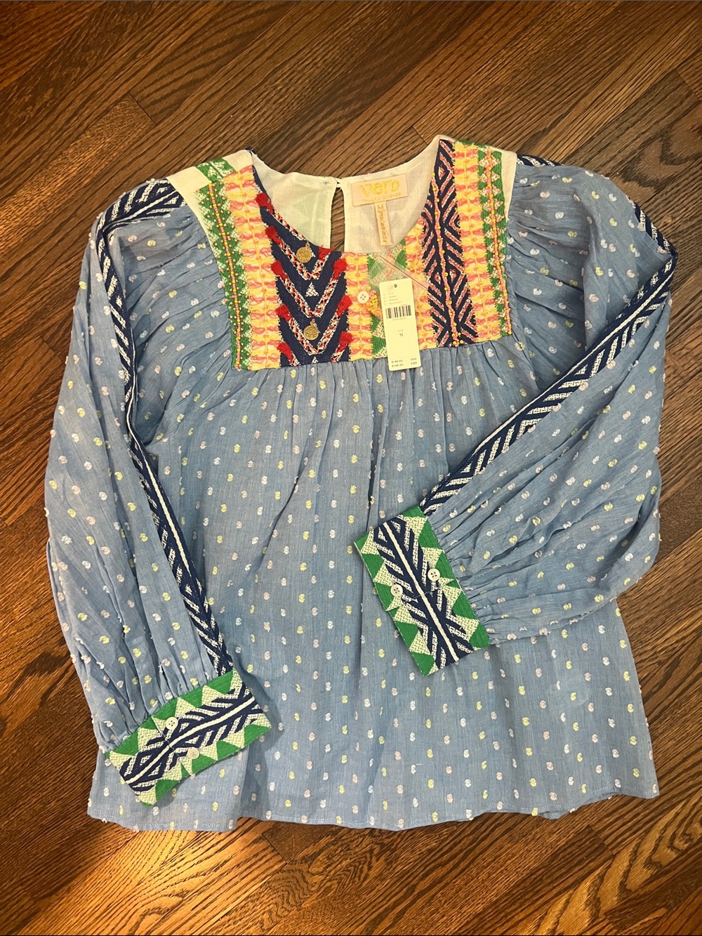 VERB Embroidered Blue Peasant Blouse with Colorful Yoke